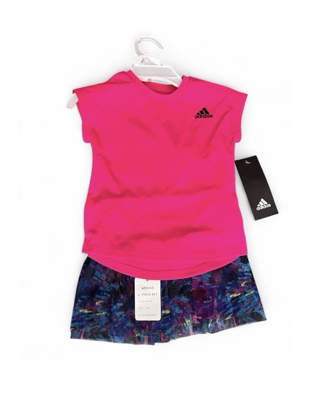 adidas Girls 2 Piece Set Hot Pink Tee + Multicolor Printed Skirt 12 Months New